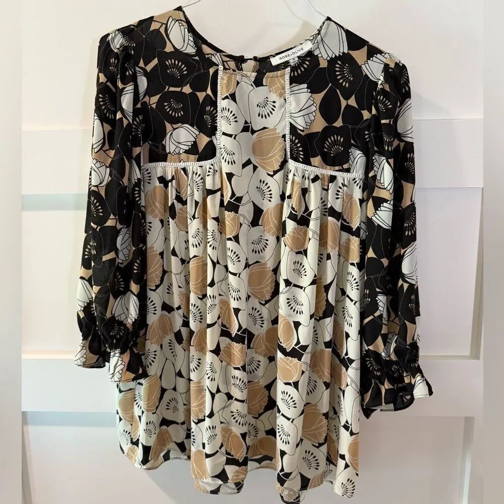 Rose & Olive black rose floral Cream embroidered cream and brown Boxy Blouse